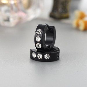 Mens Black Stainless Steel Diamond Zircon Hoop Huggie Earrings 14mm Party Gift